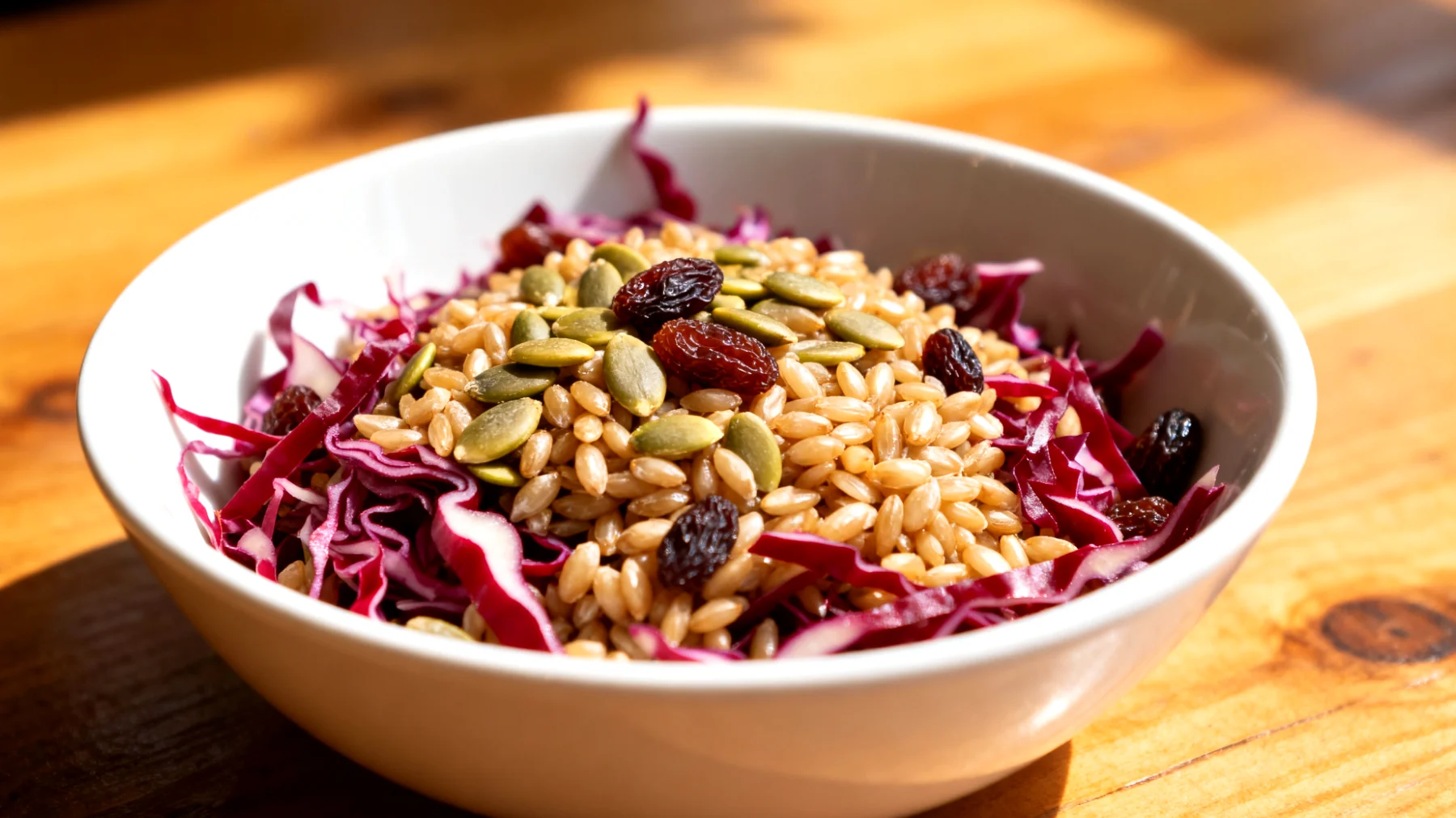 Insalata di farro con cavolo rosso, semi di zucca e uvetta"