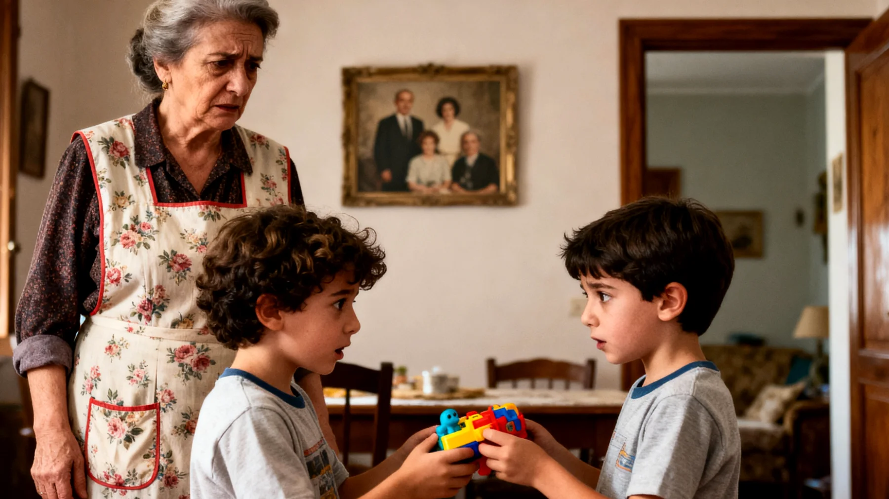 La nonna si trova a gestire episodi frequenti di gelosia e rivalità tra i nipoti bambini durante il tempo trascorso insieme, con litigi per giocattoli, attenzioni e preferenze, creando tensioni e difficoltà nel mantenere un clima sereno e armonioso"