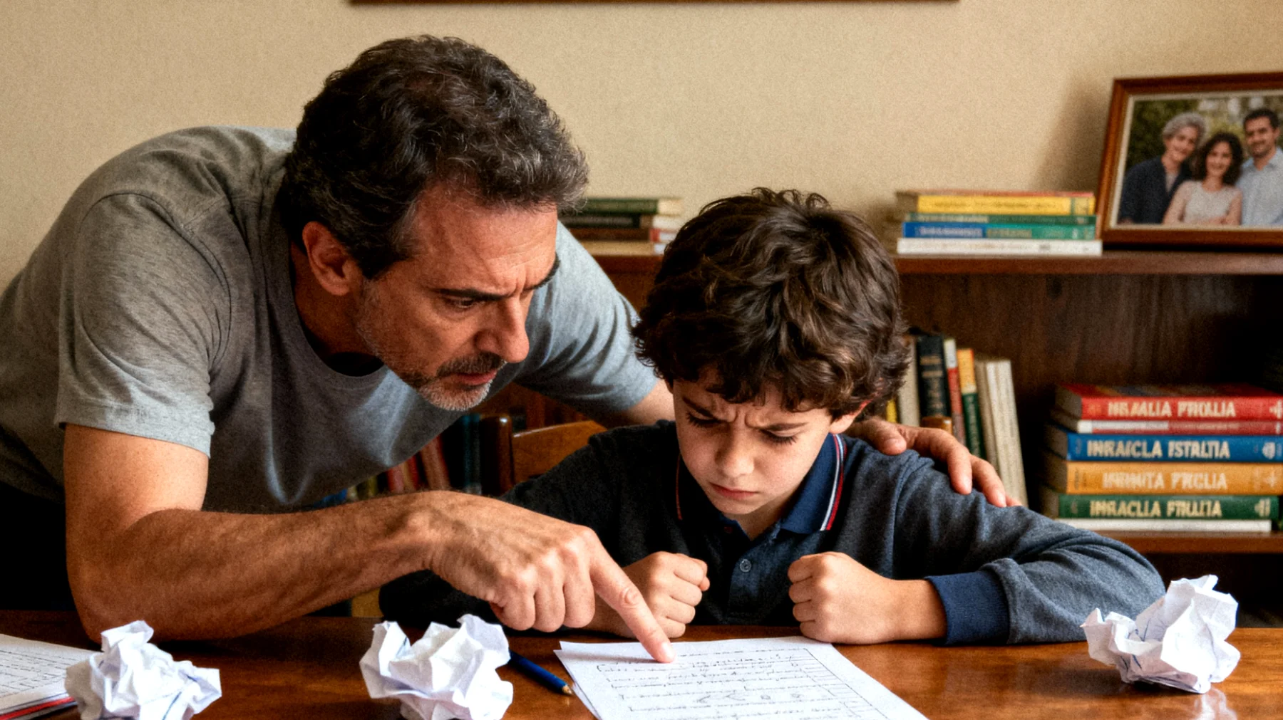 Papà che esercita pressioni eccessive sui bambini piccoli riguardo a performance scolastiche, sportive o aspettative di comportamento, creando ansia e timore di deludere"